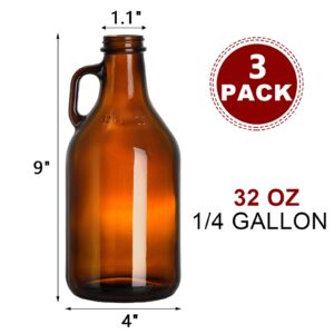 ZEAYEA 3 Pack Glass Growler, 32 oz Amber Glass Jug with Lids and Handle, Great for Beer, Home Brewing, Kombucha, Distilled Water