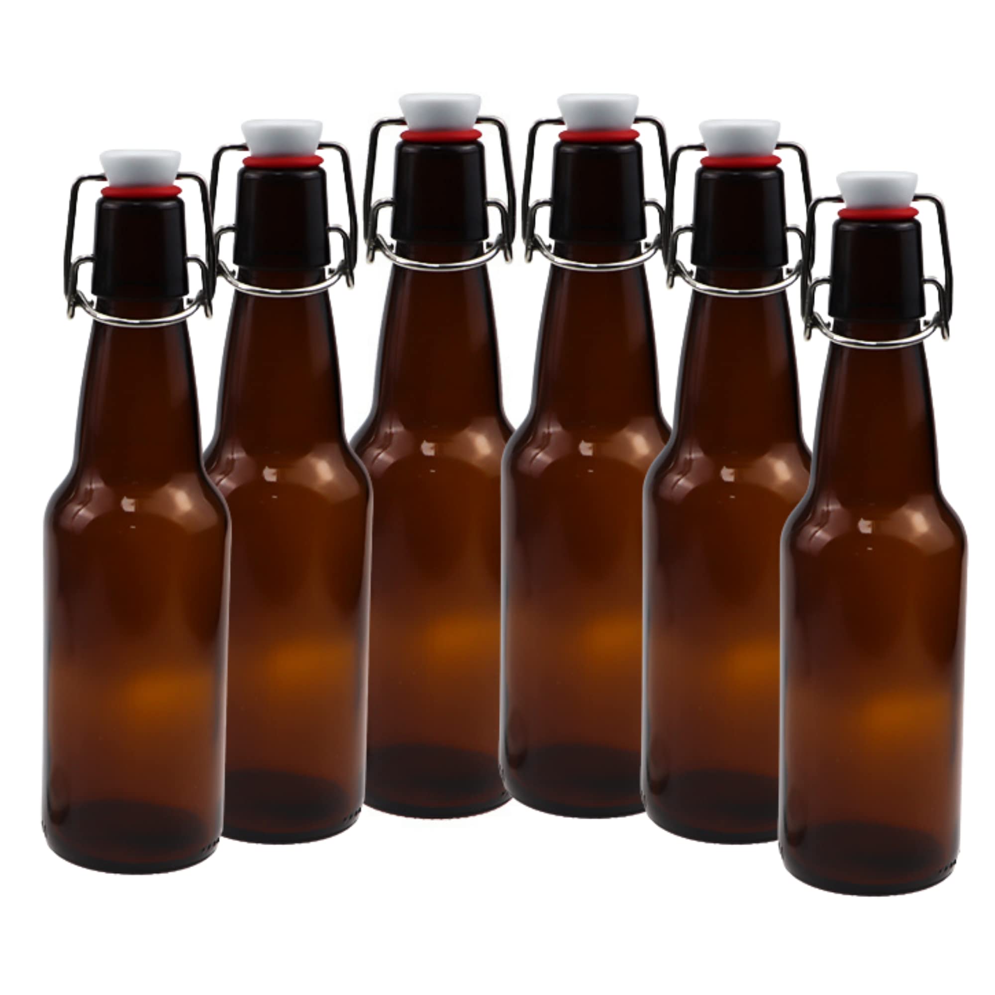 ICE N COLD | Pack of 6 Amber 16-20oz Growler with Flip Top Airtight Silicone Seal | For Beverages, Oil, Vinegar, Kombucha, Beer, Water, Soda, Kefir