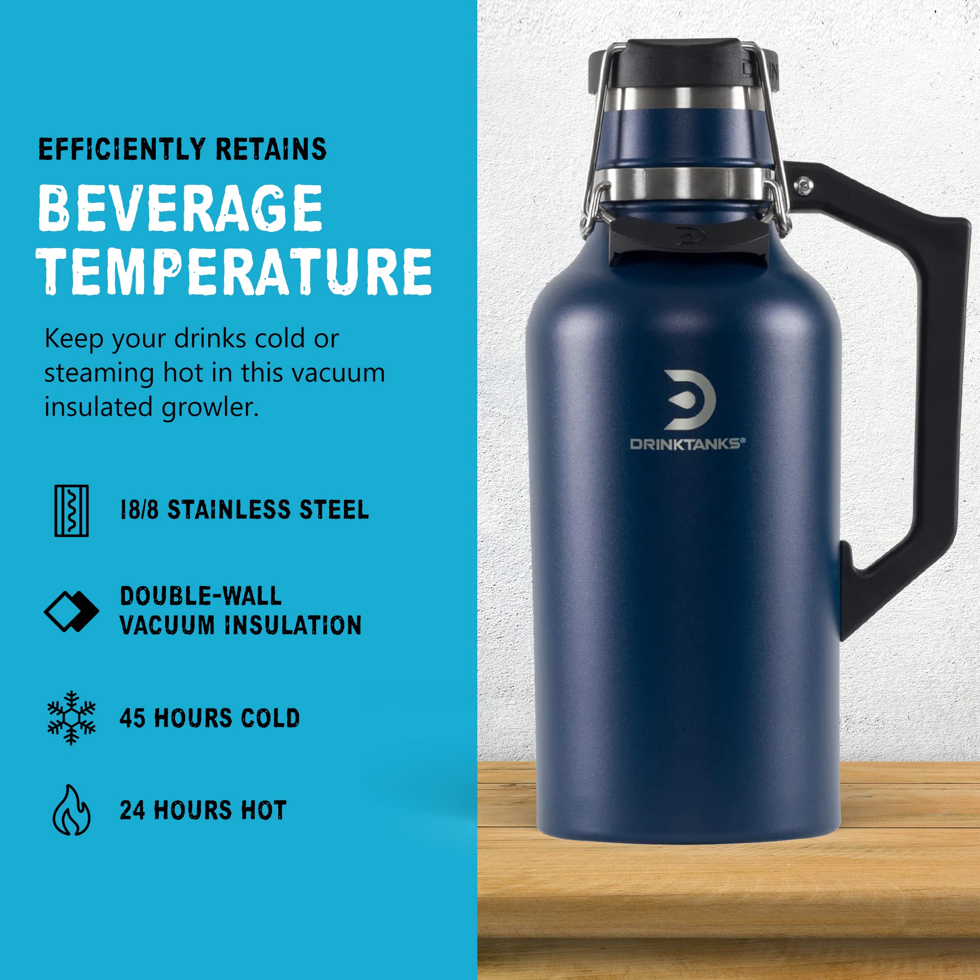 DrinkTanks Craft Growler, Passivated Stainless Steel Growlers for Beer, Leakproof and Vacuum Insulated Beverage Tumbler, Easy-to-Use Soda, Wine, or Coffee Tumbler with Handle, Storm, 64 Oz