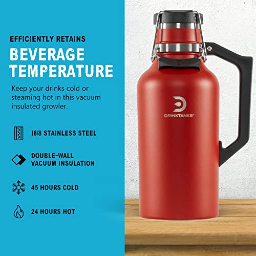 DrinkTanks Craft Growler, Passivated Stainless Steel Growlers for Beer, Leakproof and Vacuum Insulated Beverage Tumbler, Easy-to-Use Soda, Wine, or Coffee Tumbler with Handle, Crimson, 64 Oz