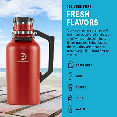 DrinkTanks Craft Growler, Passivated Stainless Steel Growlers for Beer, Leakproof and Vacuum Insulated Beverage Tumbler, Easy-to-Use Soda, Wine, or Coffee Tumbler with Handle, Crimson, 64 Oz