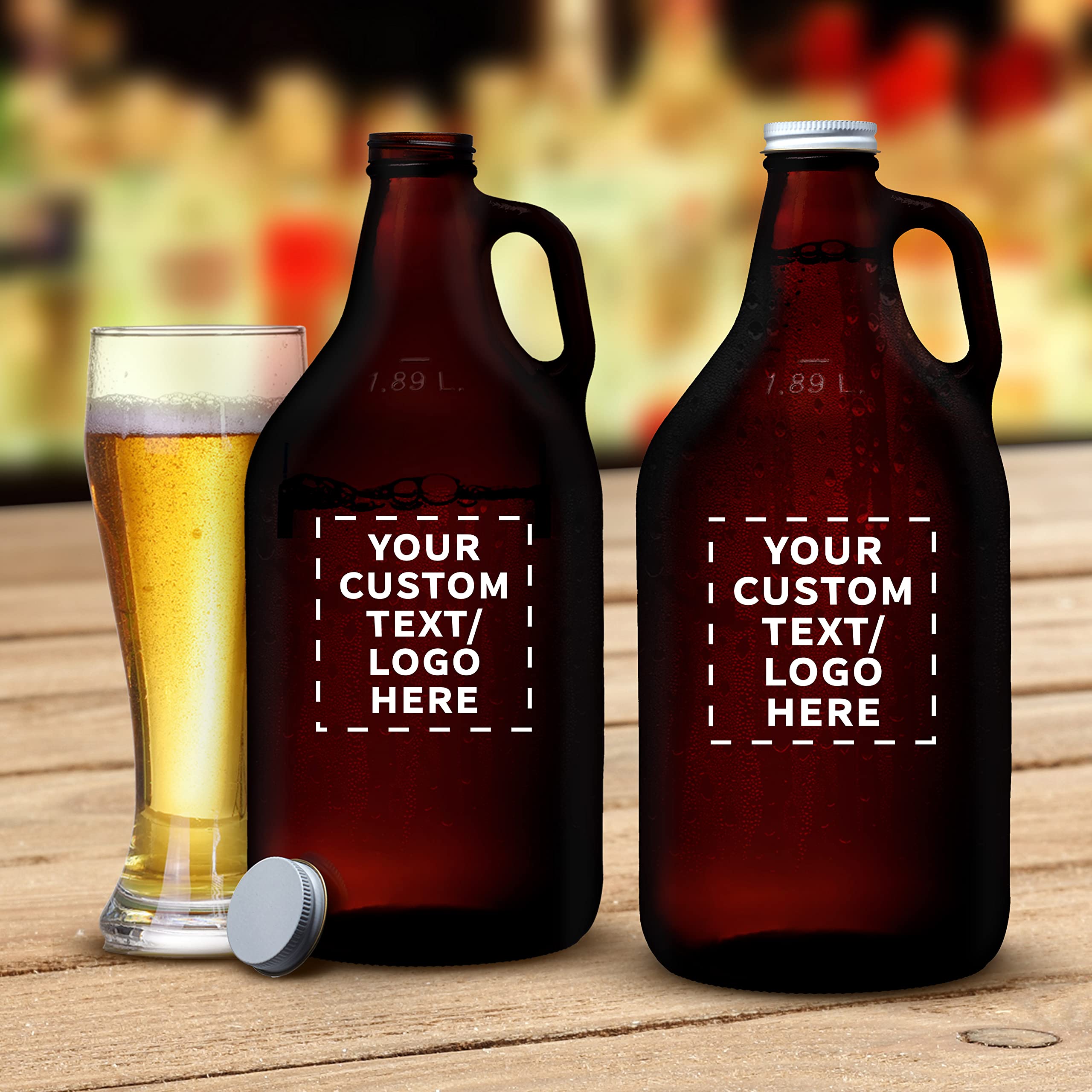 DISCOUNT PROMOS 6 Amber Glass Beer Growlers Set, 64 oz. - Customizable Text, Logo - Screw on Lid, Sturdy, Barware - Amber