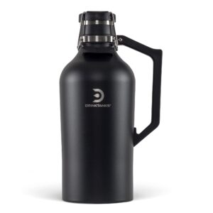 drinktanks craft growler, passivated stainless steel growlers for beer, leakproof and vacuum insulated beverage tumbler, easy-to-use soda, wine, or coffee tumbler with handle, obsidian, 128 oz