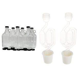 fastrack 64 oz growler, 1/2 gallon glass beer growler, half gallon glass jug, 1/2 gallon glass jug, set of 6, comes with 12 extra poly seal caps & twin bubble airlock and carboy bung (pack of 2)