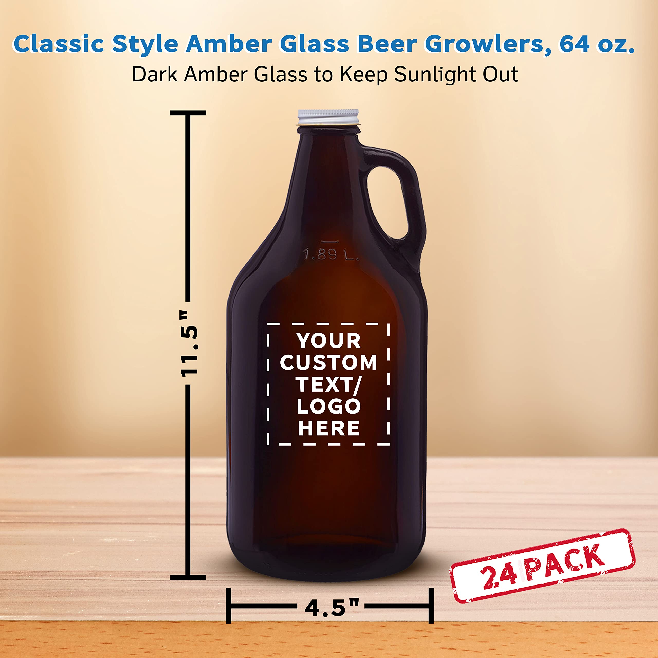 DISCOUNT PROMOS 24 Amber Glass Beer Growlers Set, 64 oz. - Customizable Text, Logo - Screw on Lid, Sturdy, Barware - Amber