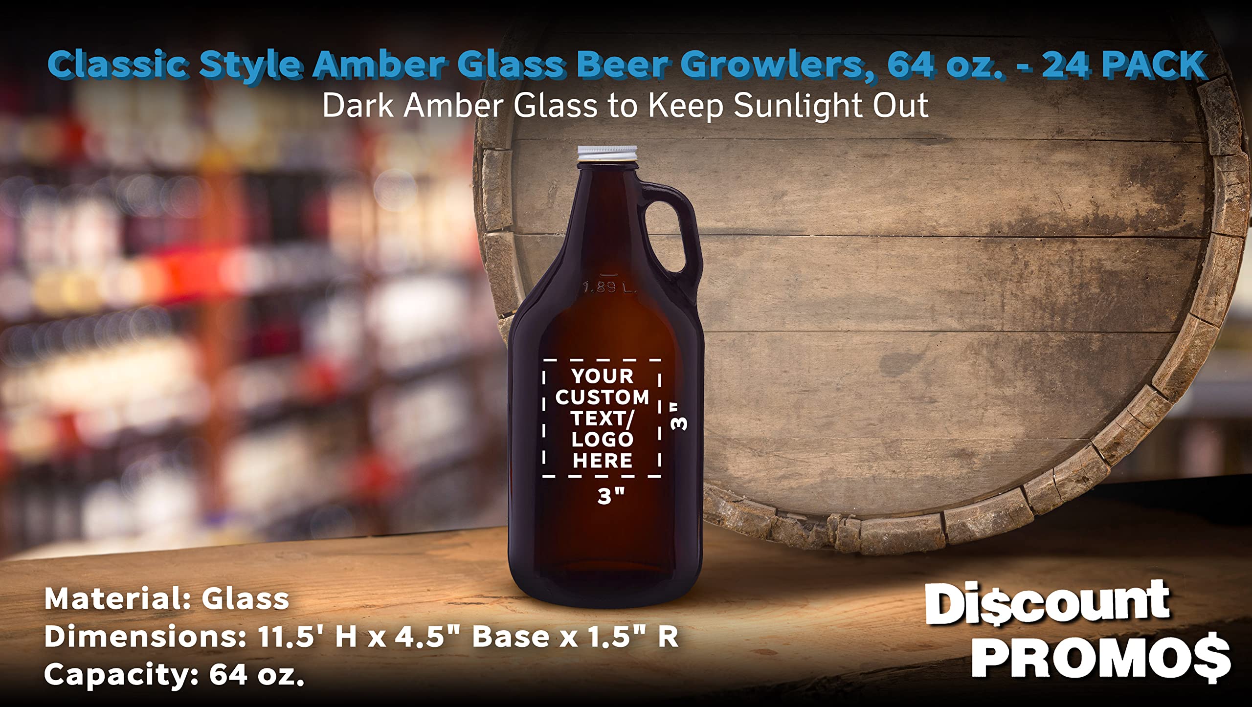 DISCOUNT PROMOS 24 Amber Glass Beer Growlers Set, 64 oz. - Customizable Text, Logo - Screw on Lid, Sturdy, Barware - Amber