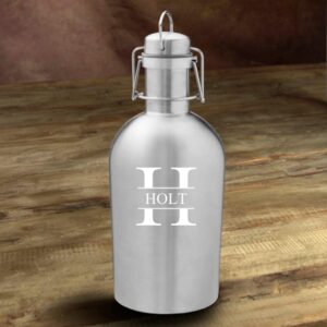 personalized beer growler (silver, stamped design), 64 oz stainless steel single wall bottle ideal for camping, travel - unique gift idea