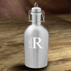 personalized beer growler (silver, modern design), 64 oz stainless steel single wall bottle ideal for camping, travel - unique gift idea