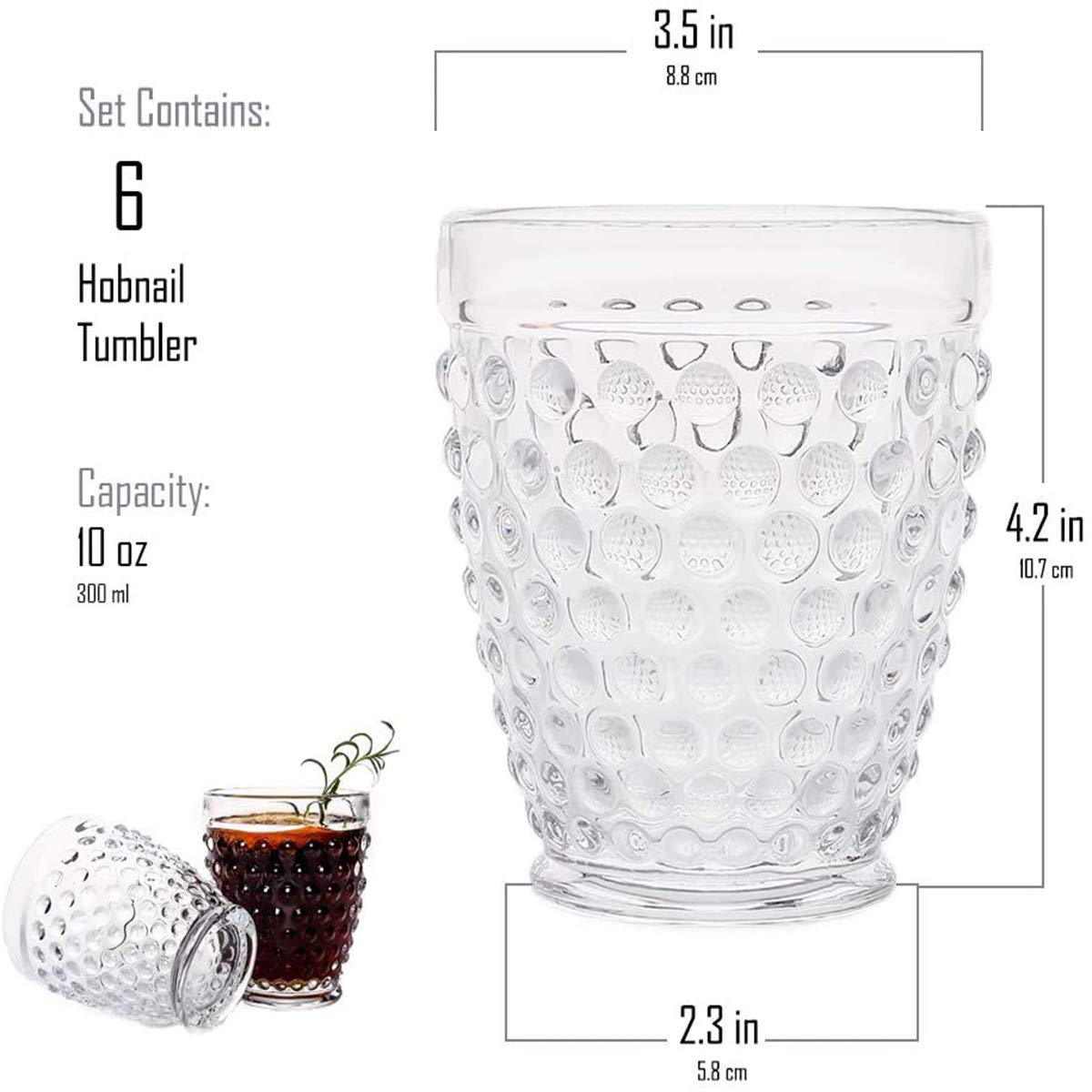 EVEREST GLOBAL Hobnail Old Fashion Iced Beverage Tumblers vintage glassware 10 oz. set of 6 Glass Cup for Water Wine Soda Whiskey Juice Milk Beer Iced-tea for Dinner Parties Bars Restaurants (Clear)