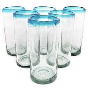 mexhandcraft aqua blue rim 20 oz tall iced tea glasses, set of 6, mexican handmade glassware, recycled glass, lead & toxin free (tall iced tea)