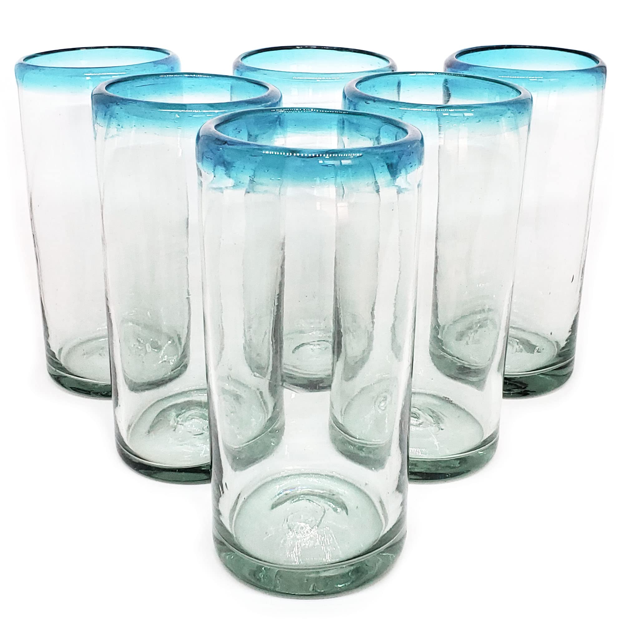 MexHandcraft Aqua Blue Rim 20 oz Tall Iced Tea Glasses, set of 6 ...