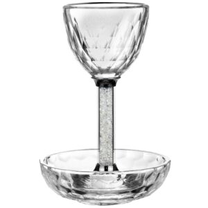 boker-tov shalom crystal kiddush cup set - premium kiddush wine cup and saucer for shabbat, havdalah, passover - judaica shabbos and holiday gift (clear gemstones)