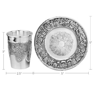 BOKER-TOV SHALOM Silver Plated Kiddush Cup Set - Premium Kiddush Wine Cup and Saucer for Shabbat, Havdalah, Passover - Judaica Shabbos and Holiday Gift