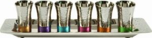 yair emanuel - kiddush cup goblet set of 6 small kiddush cups and tray nickel hammerwork multicolor (ga-2)