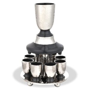 elegant display kiddush cup wine fountain set - hammered metal with enamel detailing - large goblet, 8 matching shot cups for shabbat, passover, yom tov, wedding gifts by zion judaica (grey)