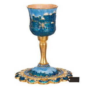 matashi hand-painted enamel tall 5" kiddush cup set with stem and tray embellished with crystals, jerusalem cityscape for weddings shabbat havdalah passover goblet judaica gift