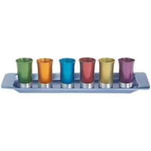 yair emanual set of 6 small kiddush goblets cups with tray aluminum multicolor judaica (gs-6a)
