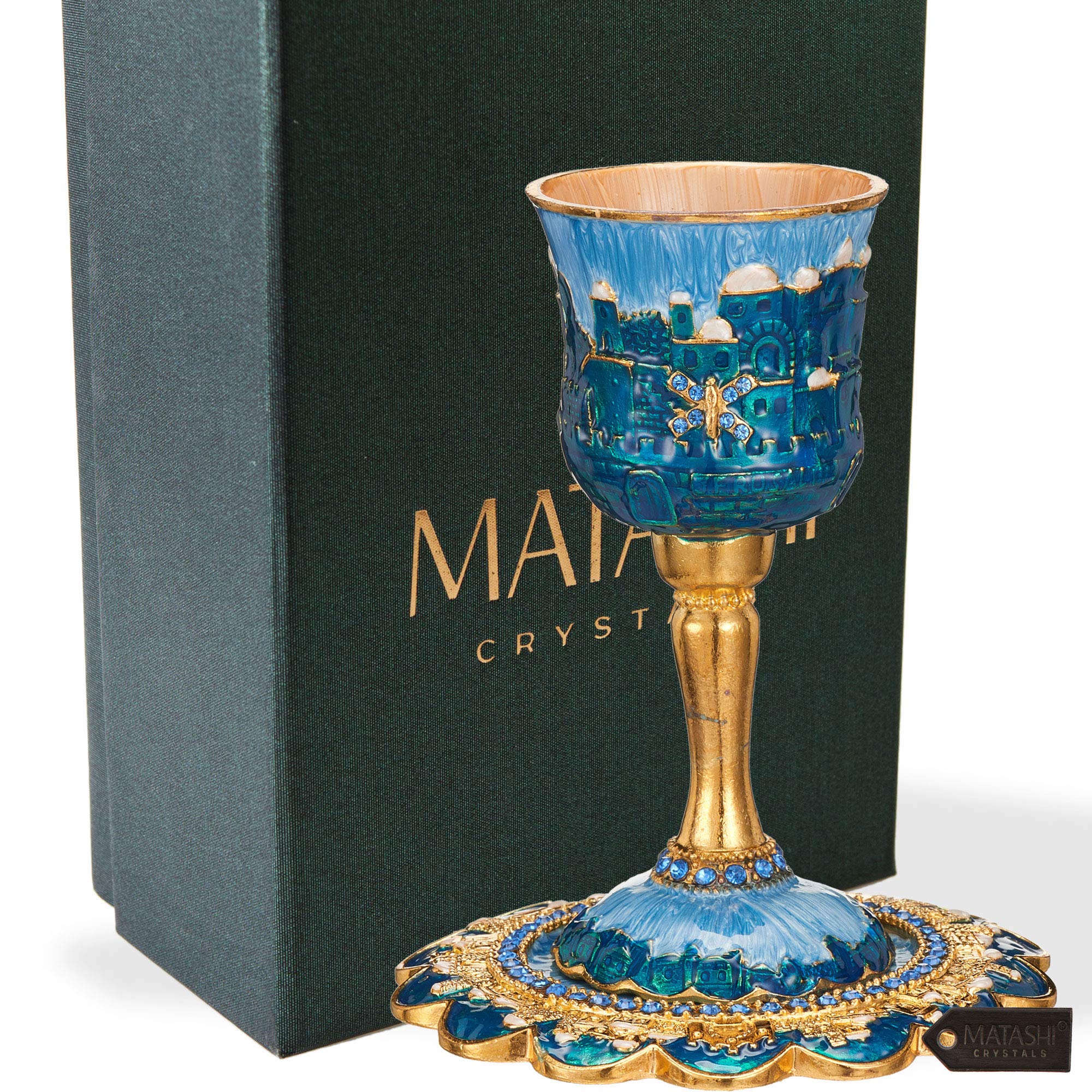 Matashi Hand-Painted Enamel Tall 5" Kiddush Cup Set with Stem and Tray Embellished with Crystals, Jerusalem Cityscape for Weddings Shabbat Havdalah Passover Goblet Judaica Gift