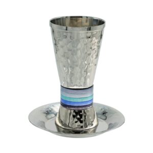 emanuel yair hammered nickel kiddush cup set with blue ring | cut-2