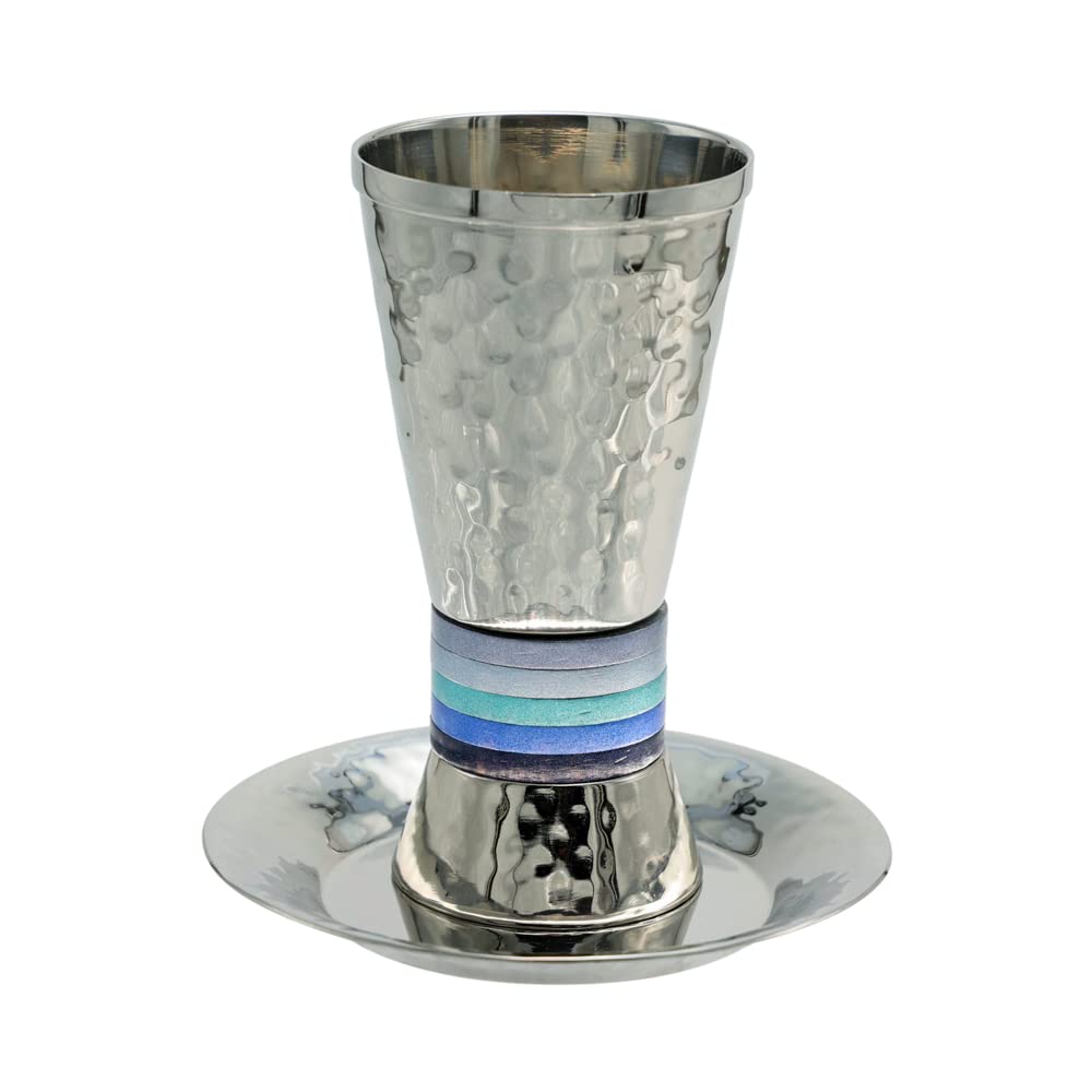 Emanuel Yair Hammered Nickel Kiddush Cup Set with Blue Ring | CUT-2