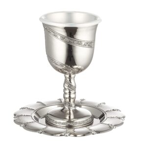 masoret 5 inches metal kiddush cup and tray set with plastic insert, non tarnish elegant jewish kiddush designed with ornate strips