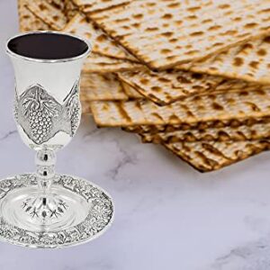 The Dreidel Company Tall Kiddush Cup With Leg Grape Design, Premium Quality Silver Plated Goblet, Shabbat and Havdalah Goblet, Judaica Shabbos and Holiday Gift (Grape-Design with Leg)