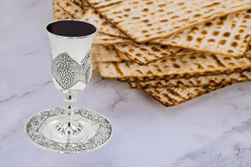 The Dreidel Company Tall Kiddush Cup With Leg Grape Design, Premium Quality Silver Plated Goblet, Shabbat and Havdalah Goblet, Judaica Shabbos and Holiday Gift (Grape-Design with Leg)