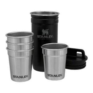 stanley adventure nesting shot glass set, 4 stainless steel shot glasses with rugged metal travel carry case, camping gifts, matte black, 2oz