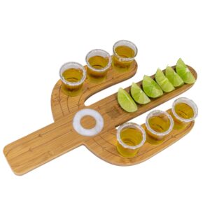 wondermar cactus tequila tray & shot glasses set - tequila gifts & mexican gifts - bamboo shot glass holder serving tray - flight board with lemon bowl, salt rimmer & shot glass set - party shot board