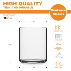 LUXU Thin Whiskey Glasses 15 oz,Premium Water Glasses Set of 4,Clear Glass Cups For Water, Juice, Beer, Drinks, and Cocktails and Mixed Drinks (15 OZ)