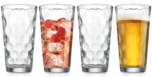 home essentials & beyond drinking glasses set of 4 highball glass cups bar glasses, uses for juice, water, cocktails, beverages, and iced tea. dishwasher safe