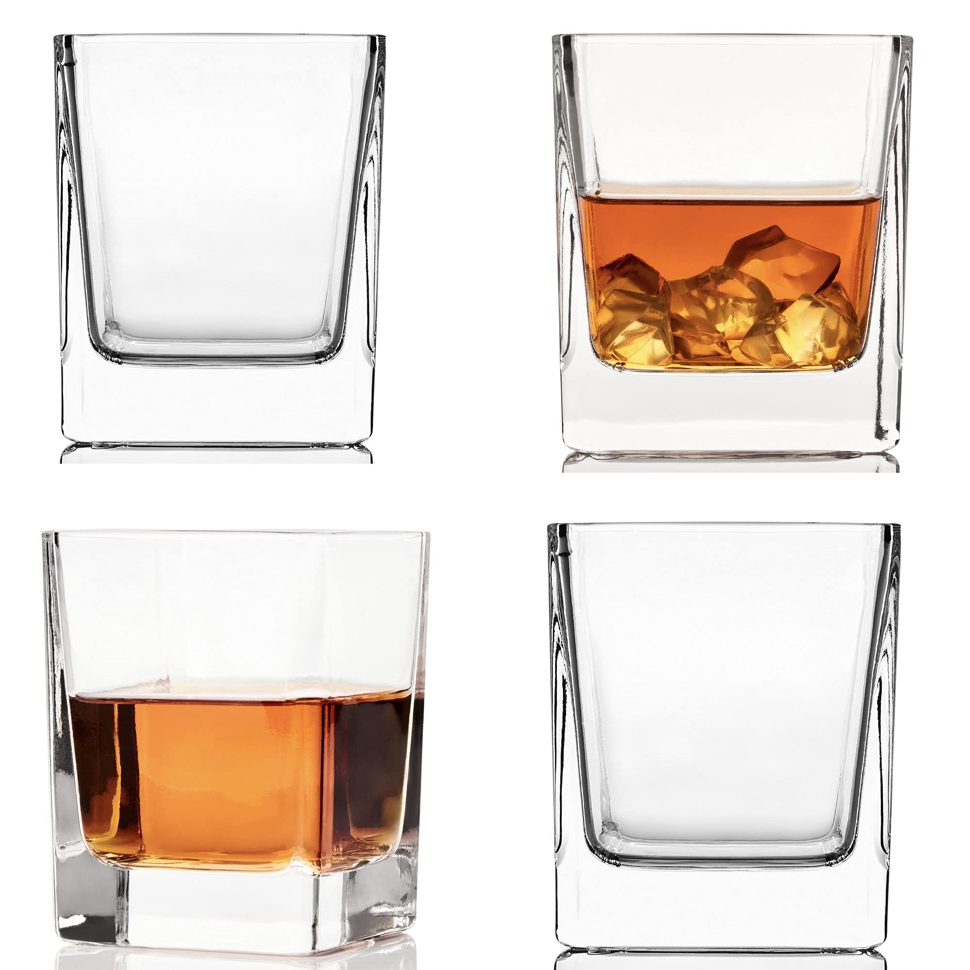 Kemstood Whiskey Glasses for Men | Set of 4 (7.7 Oz) - Weighted & Durable Rocks, Unique Square Glasses for Whisky, Bourbon - Stylish & Sturdy Whiskey Gifts for Men - Aesthetic Old Fashioned Glasses