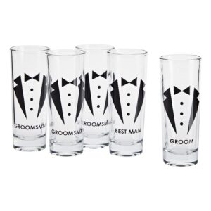 blue panda set of 5 groomsmen shot glasses with tuxedos for bachelor party decorations and favors or groomsmen gifts, wedding shot glasses, heavy base for tequila, whiskey, vodka (2 oz each)