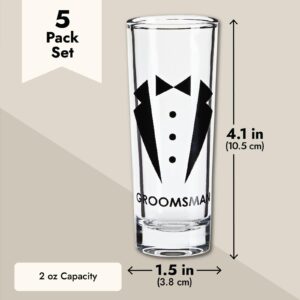 BLUE PANDA Set of 5 Groomsmen Shot Glasses with Tuxedos for Bachelor Party Decorations and Favors or Groomsmen Gifts, Wedding Shot Glasses, Heavy Base for Tequila, Whiskey, Vodka (2 oz Each)