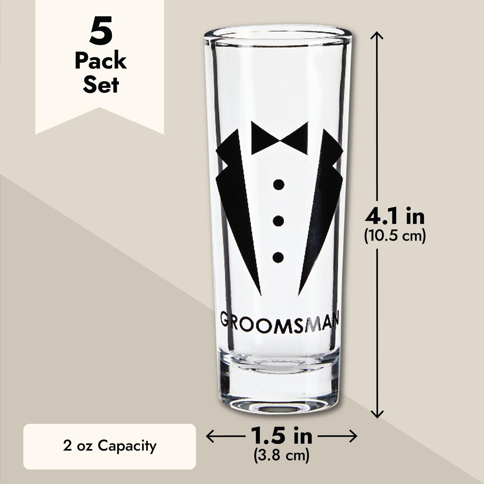 BLUE PANDA Set of 5 Groomsmen Shot Glasses with Tuxedos for Bachelor Party Decorations and Favors or Groomsmen Gifts, Wedding Shot Glasses, Heavy Base for Tequila, Whiskey, Vodka (2 oz Each)