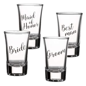 lillian rose bride, groom, maid of honor, and best man shot glass set, 4 count (pack of 1), clear