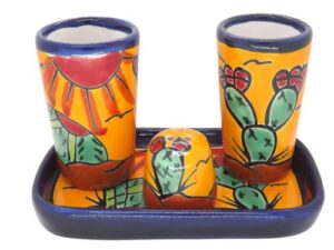 mextequil - authentic mexican talavera tequila shot glasse with tray and salt shaker - 2 shots, 4pieces - giffable - artisanal colorful hand-painted (cactus)