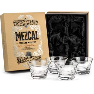 mezcal and spirits sipping glasses | tequila tasting collection | set of 4 | 5 oz crystal tasting and drinking glassware copitas for joven, reposado, anejo mezcals | stemless liquor sippers