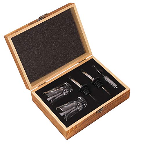 Shot Glasses with Liquor Pourers Gift Set, 2 Heavy Base Ounce Glasses with Bottle Pourers and Cleaning Brush Packed in Wooden Box, Christmas/Birthday Gift, Present for Drink/Spirit/Espresso Lover