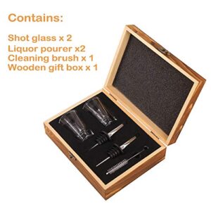 Shot Glasses with Liquor Pourers Gift Set, 2 Heavy Base Ounce Glasses with Bottle Pourers and Cleaning Brush Packed in Wooden Box, Christmas/Birthday Gift, Present for Drink/Spirit/Espresso Lover