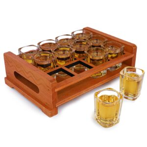 BARGIFTS 12pc Shot Glass Set,Party Server Shot Glasses Set with Rustic Rufous Wood Serving Tray,Crystal Shot Glass for Whiskey, Party & Collection