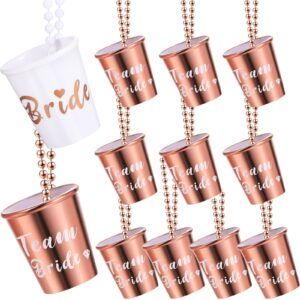 12 packs team bride and bride shot necklace glass bachelorette party decorations bridesmaid gifts gold foil bachelorette party necklace shot glasses with beads chain for wedding party (rose gold)
