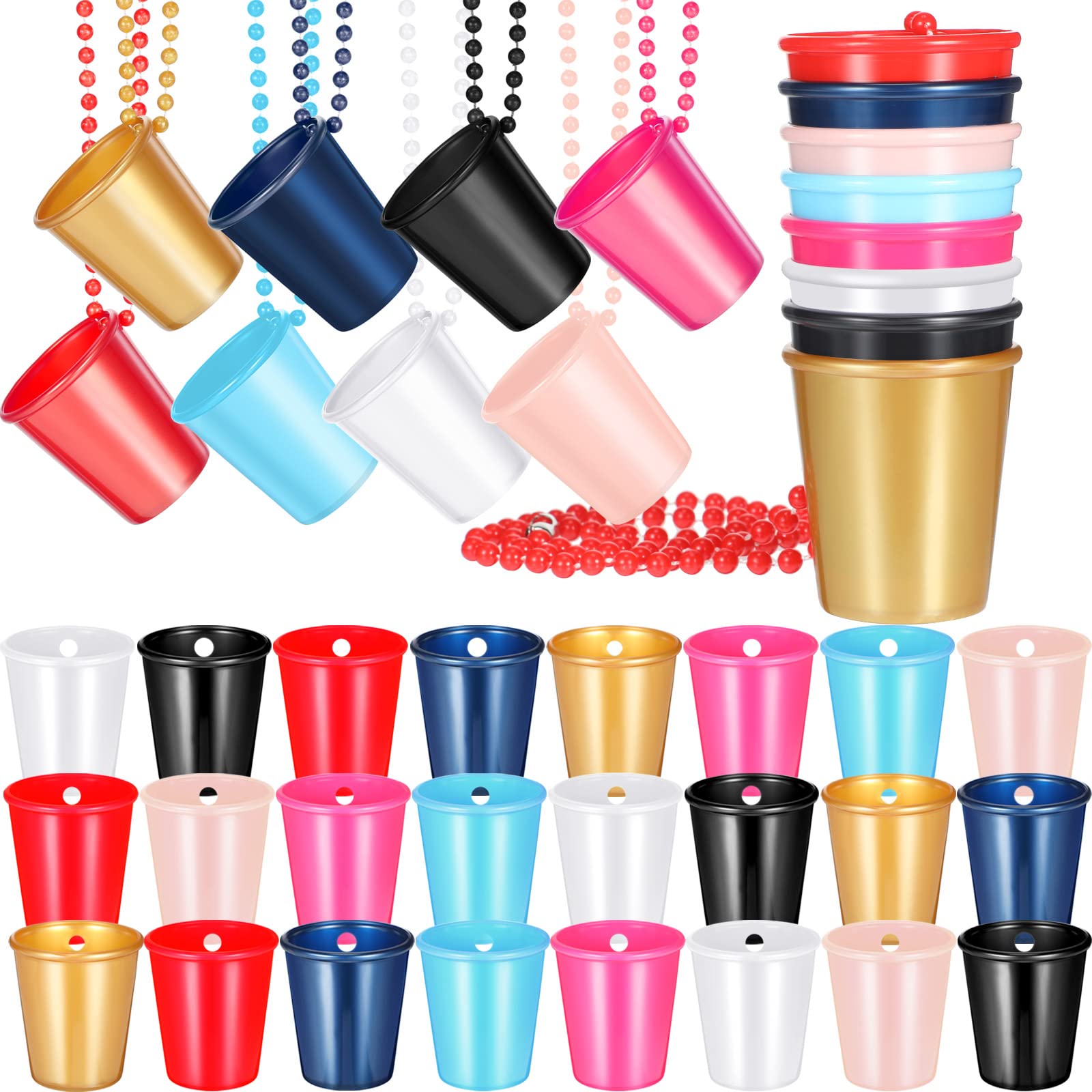 48 Pieces Shot Glass on Necklace Plastic Shot Necklace Cup Bachelorette Shot Glass Necklace Beaded Bride and Groom Supplies for Birthday Wedding Festival Parade Party Favor, 8 Colors