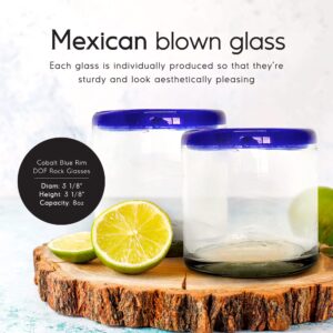 MexHandcraft Cobalt Blue Rim 8 oz DOF Rock Glasses (set of 6), Recycled Glass, Lead-free, Toxin-Free (DOF Rocks)