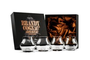 small 8 oz brandy, cognac and armagnac tasting glasses | set of 4 | professional balloon shaped snifters for nosing and sipping neat liquor and spirits | crystal stemless gift sniffers
