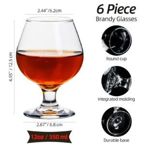 Brandy Snifters Glass Set of 6, 12 oz Classic Stemmed Cognac Glasses Glass Snifters Set Perfect for Scotch & Bourbon, Short Beer Tasting Glasses