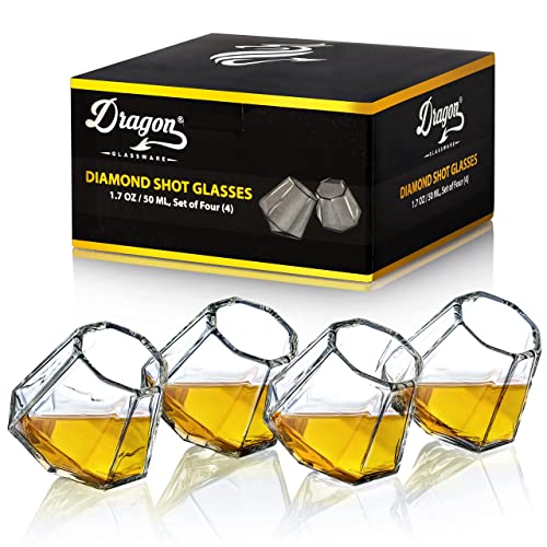 Dragon Glassware Shot Glasses, Clear Diamond Shaped Glass Set, Cute and Unique Barware, Naturally Aerates, Dishwasher Safe, 2 oz Capacity, Set of 4