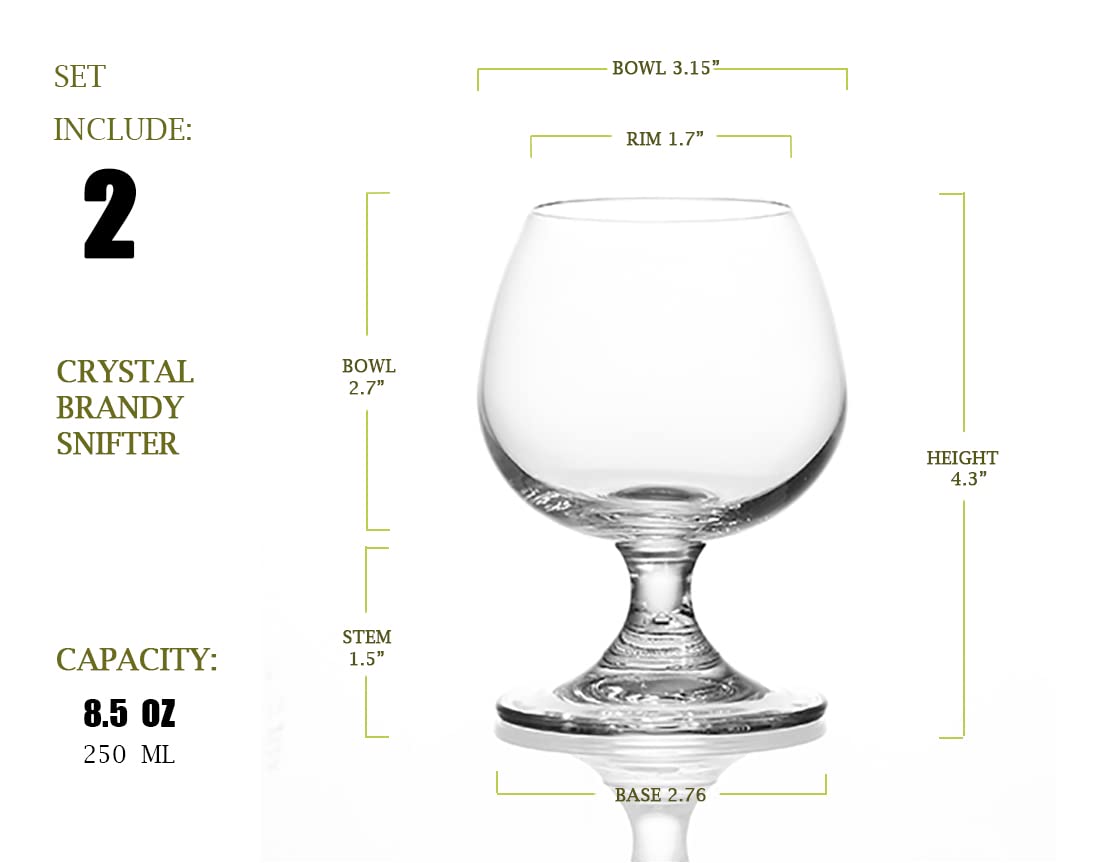 BothEarn Small Clear Brandy Snifter Set of 2, 8.5 Ounce (250 ml) Crystal Whiskey Cognac Glass, Good for Wedding Bar Party Home Cocktail