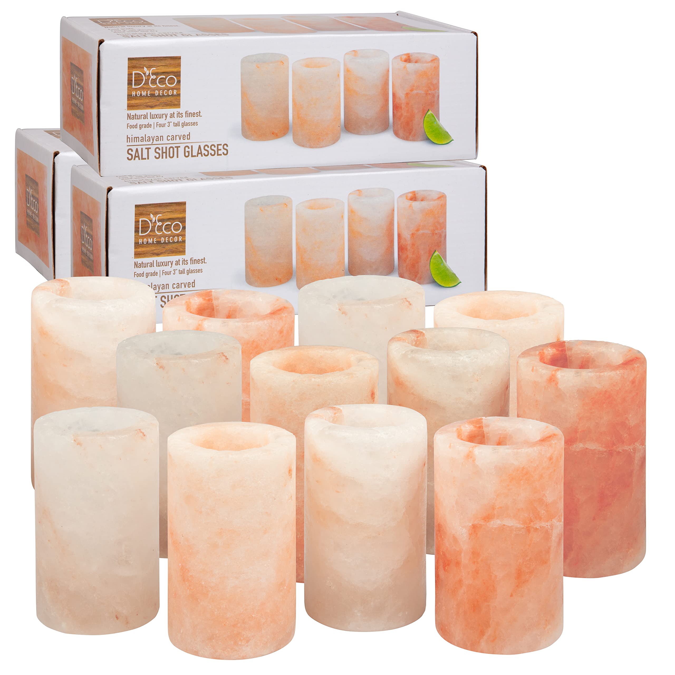 D'Eco Himalayan Salt Shot Glasses (12 Pack) - Hand-Carved 3" All-Natural Pink Salt Tequila Shooters - Perfect For College, Parties, Birthday Gifts