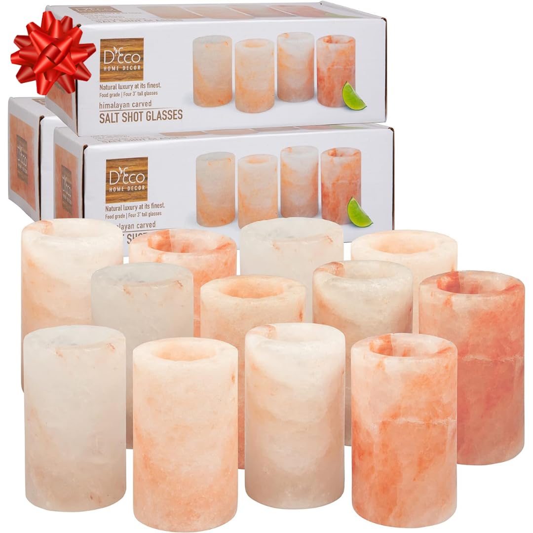 D'Eco Himalayan Salt Shot Glasses (12 Pack) - Hand-Carved 3" All-Natural Pink Salt Tequila Shooters - Perfect For College, Parties, Birthday Gifts